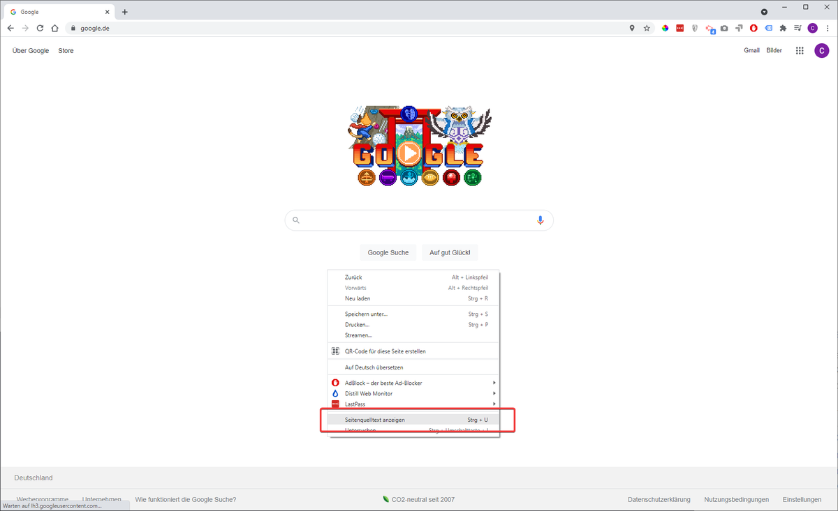 Menuepunkt Seitenquelltext und Developer Tools