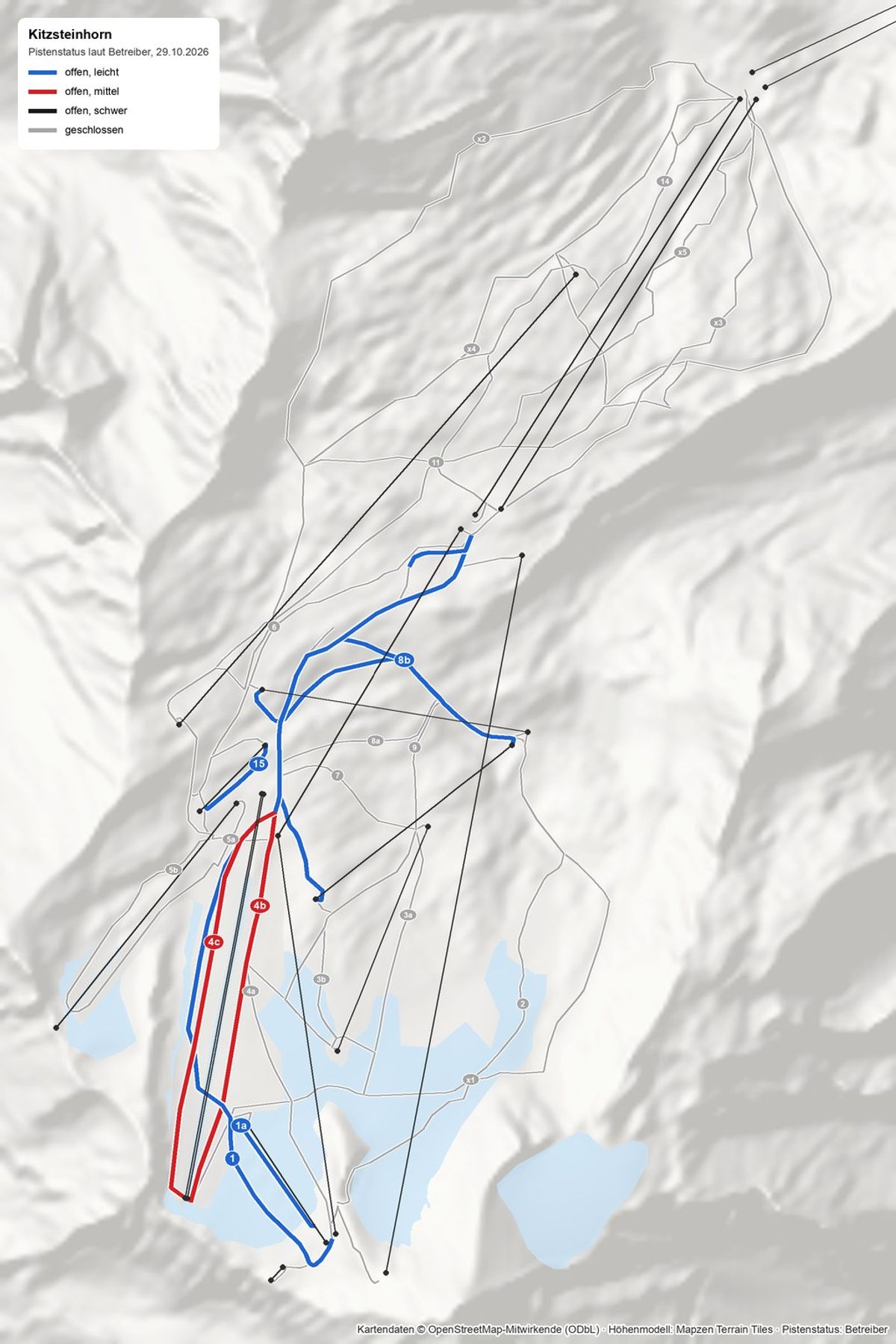 Pistenplan Kitzsteinhorn: offene Pisten farbig auf dem Gletscher und bis zum Alpincenter, die Abfahrten darunter grau