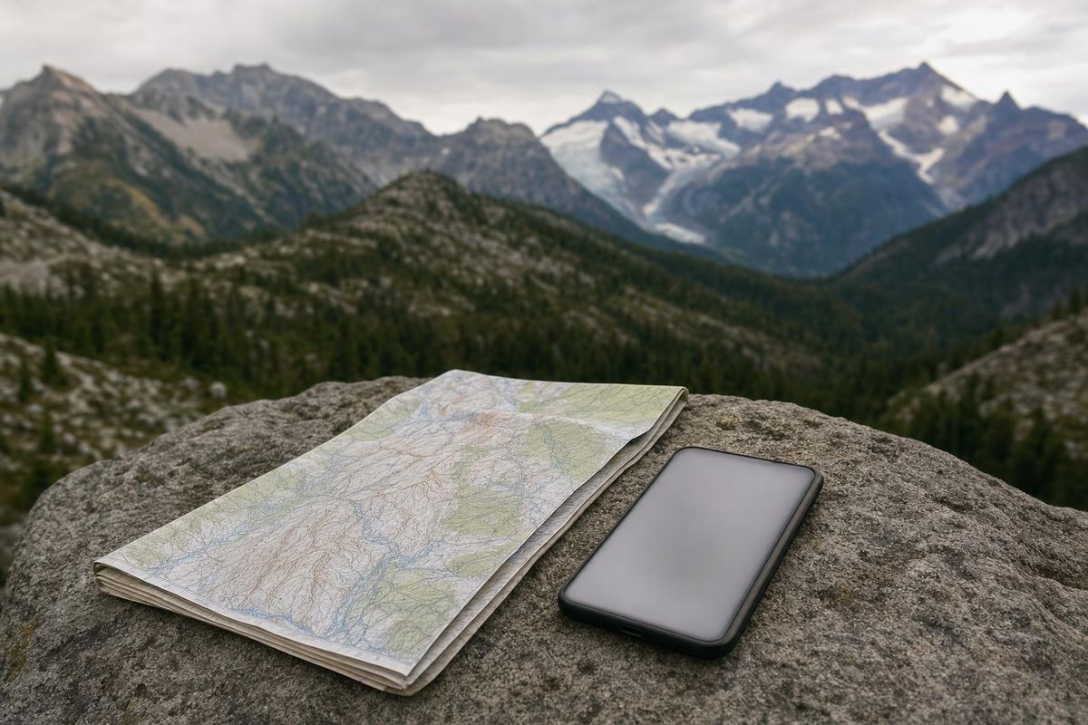 Papierkarte und Handy nebeneinander auf einem Fels, im Hintergrund ein Bergkamm