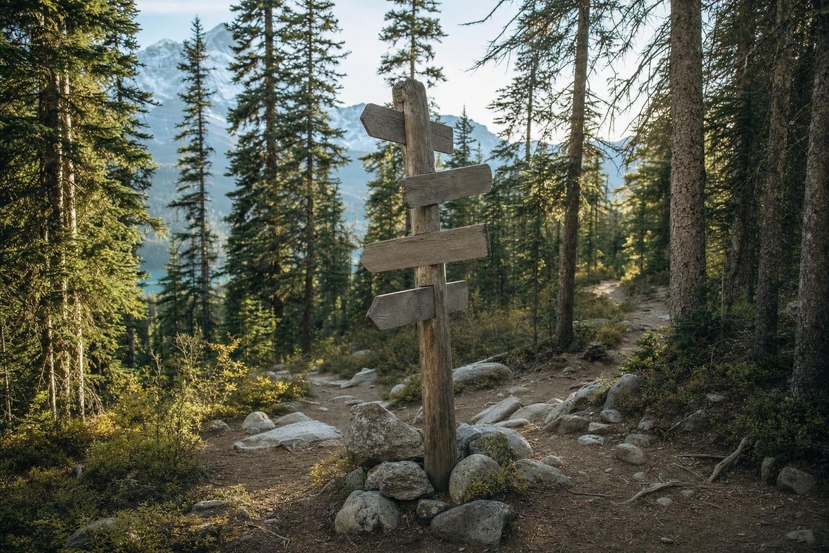 Wegkreuzung im Bergwald mit mehreren Pfaden und einem Wegweiser