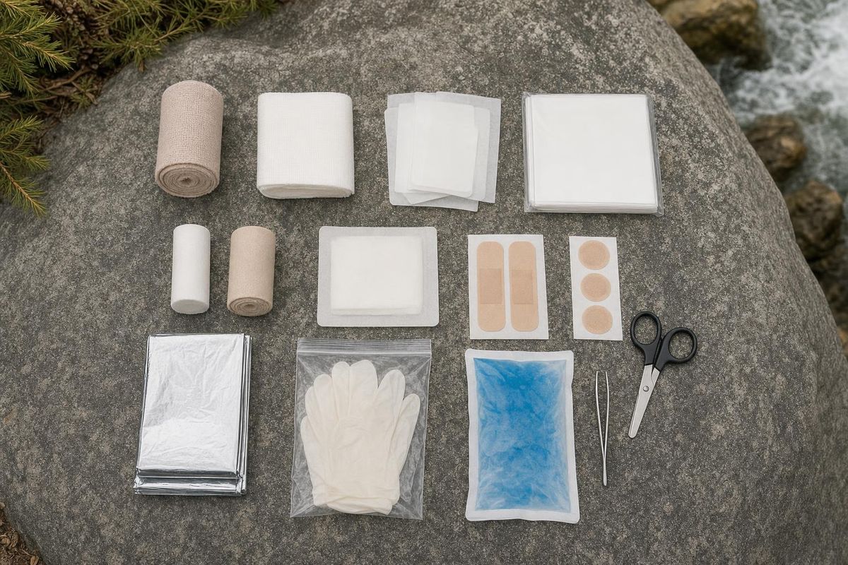 Rucksackapotheke von oben auf einem Felsen ausgebreitet: Verbandpäckchen, Blasenpflaster, Schere, Pinzette, Rettungsdecke