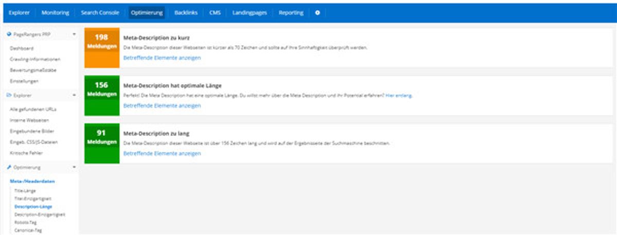 Screenshot aus dem PageRangers Monitoring Modul mit Infos zur Snippet Länge