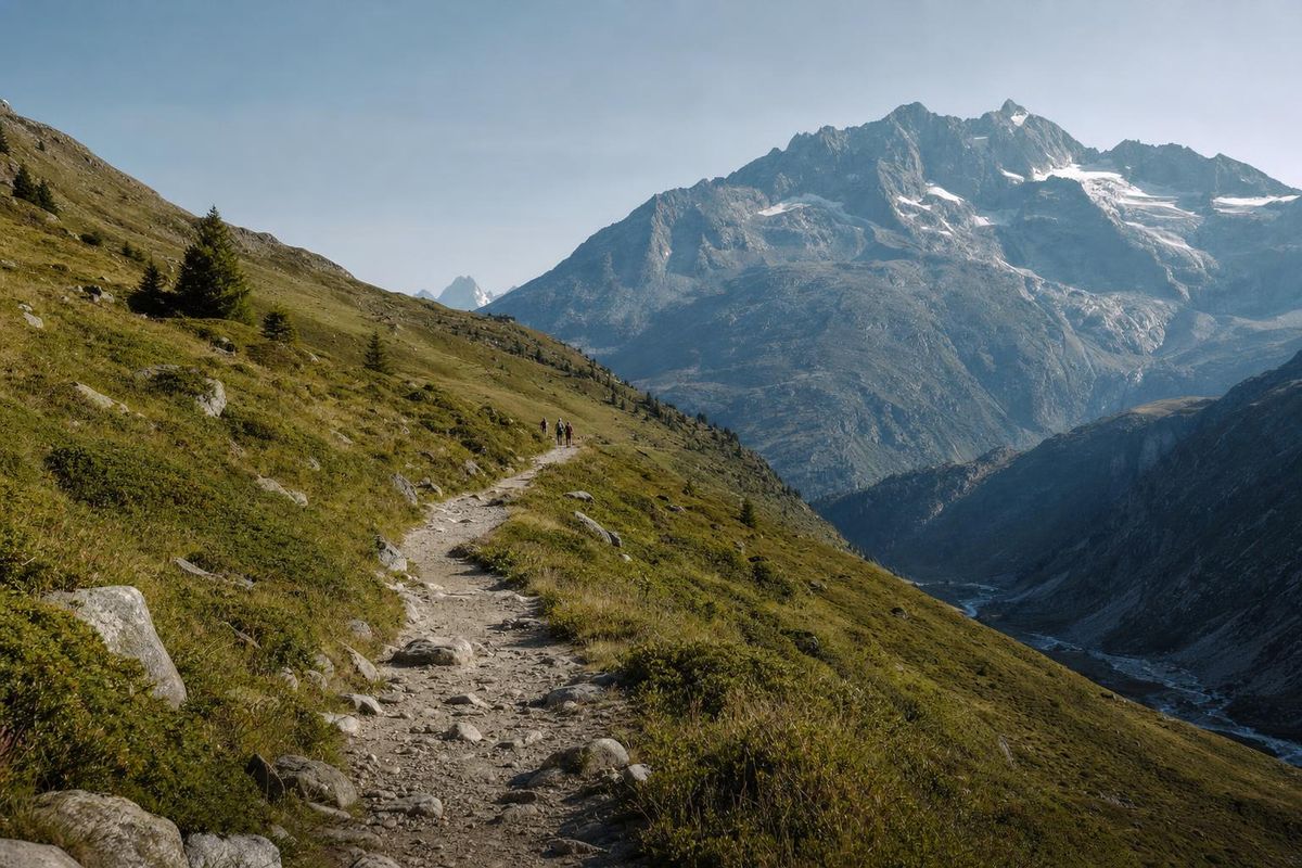 Gut begangener Bergweg über eine Wiesenflanke, einzelne Wandernde in der Ferne