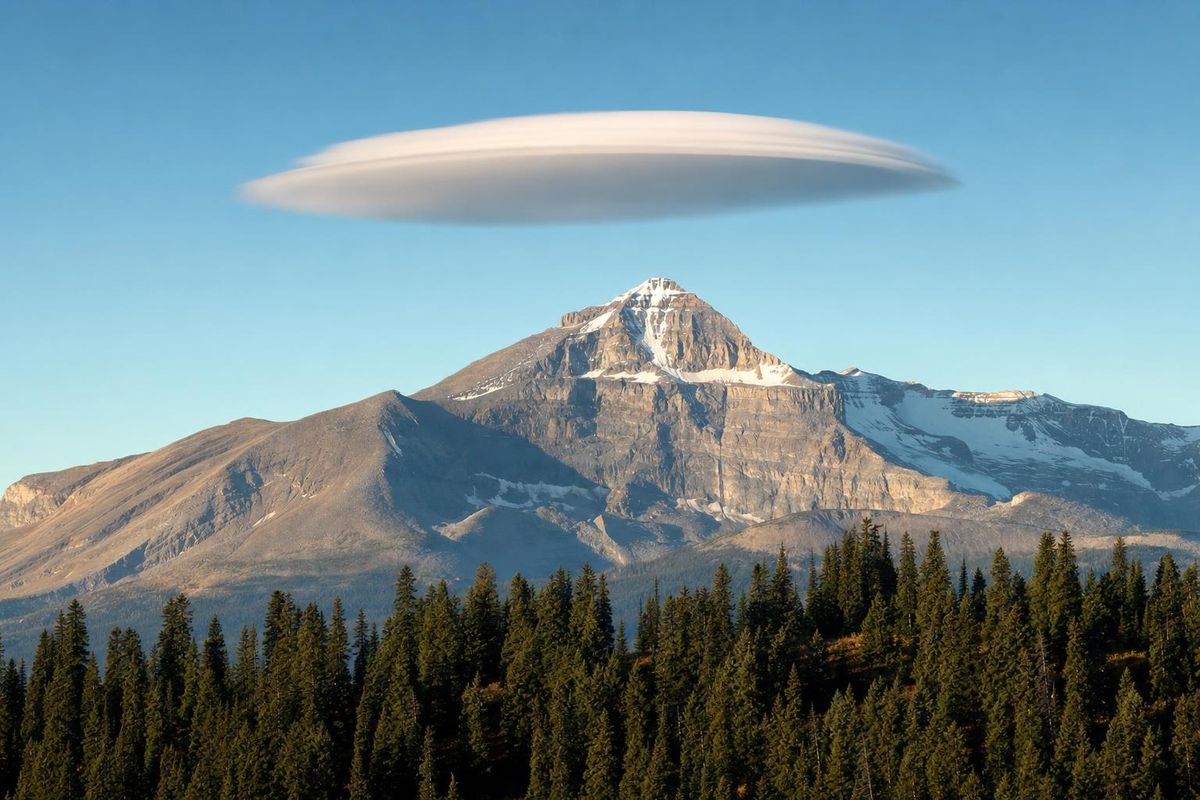 Linsenförmige Föhnwolke steht unbewegt über einem Gipfel