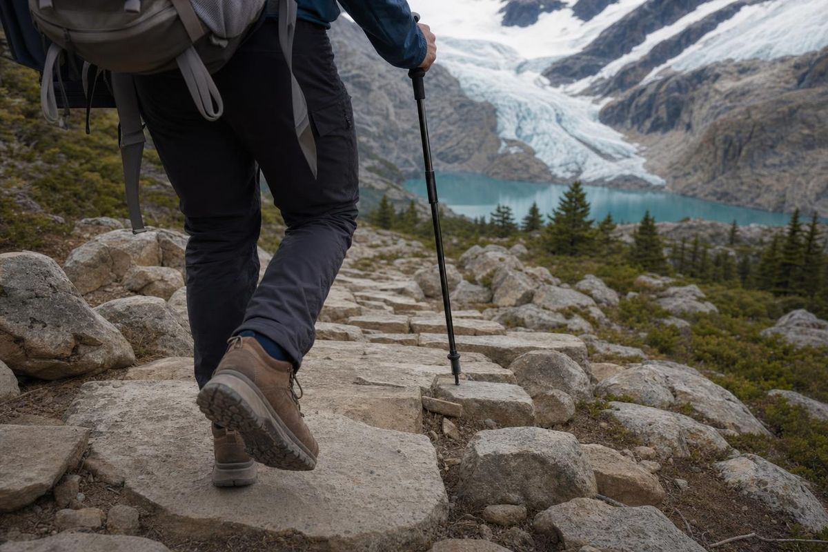 Steiler Abstieg über Steinstufen auf einem Bergweg, ein Wanderer setzt vorsichtig auf