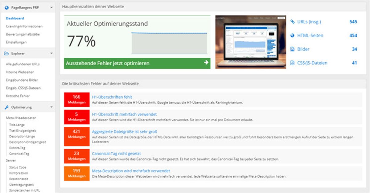 Übersicht aller Onpage Elemente und Fehler einer Seite
