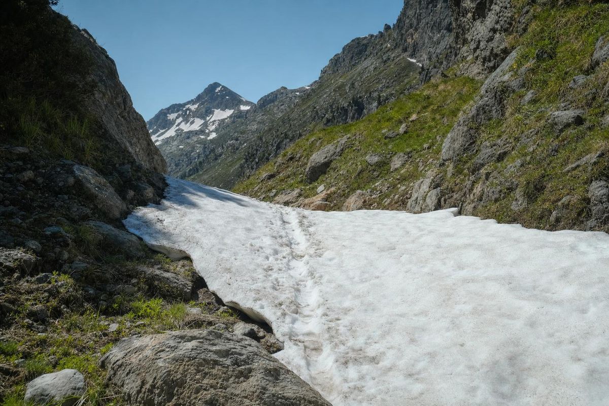 Altschneefeld quert einen Bergweg im Frühsommer