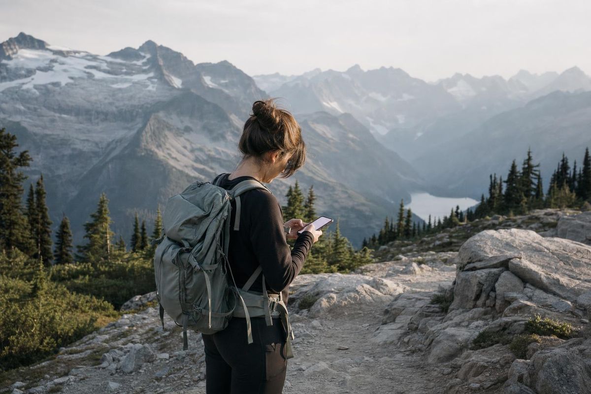 Wanderin schaut auf ihr Handy mit geöffneter Karten-App, im Hintergrund eine Bergkette