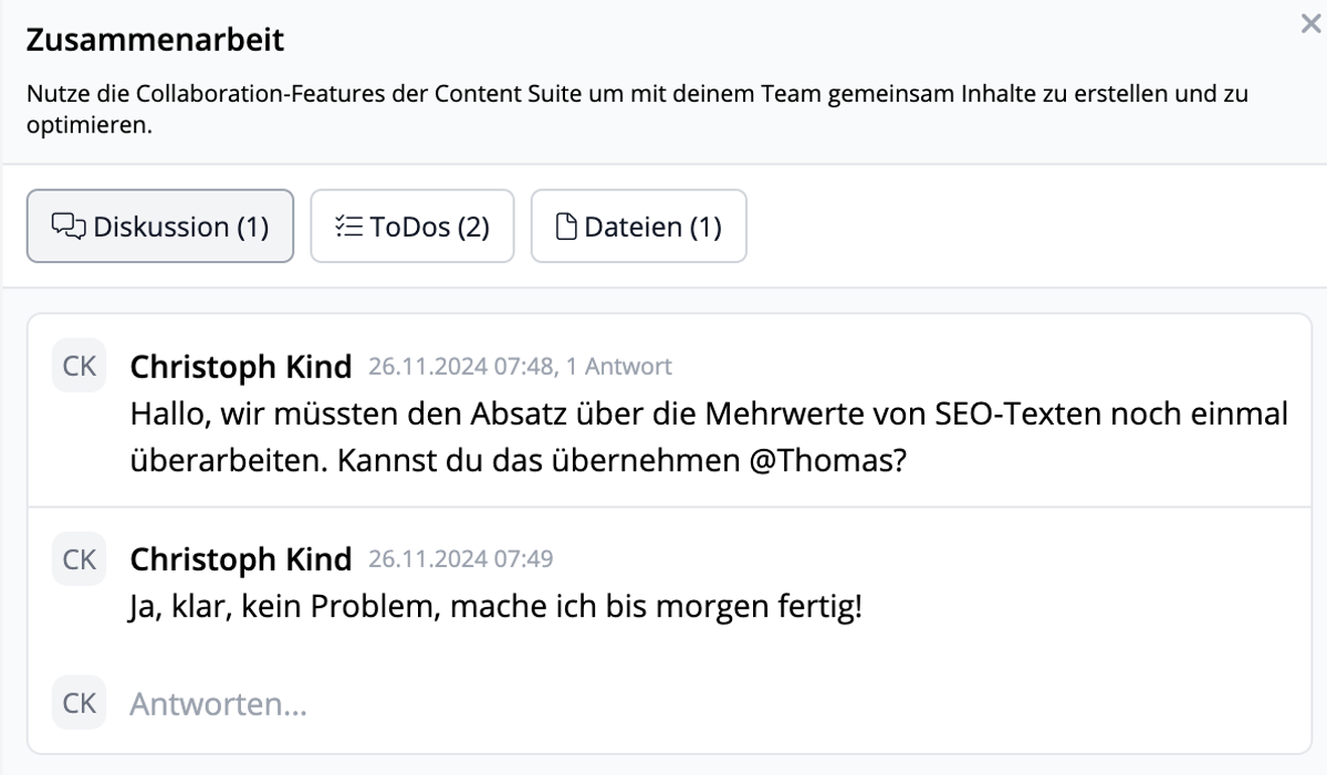 Kommentarfunktion im Editor: Übersicht der Thread-basierten Diskussionen und Datei-Upload-Möglichkeiten