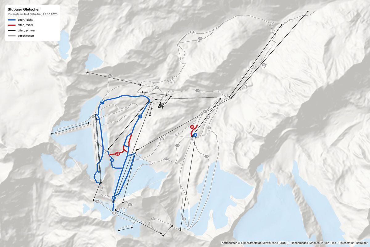 Pistenplan Stubaier Gletscher: offene Pisten farbig rund um die Gletscherbahnen, die Abfahrt ins Tal grau