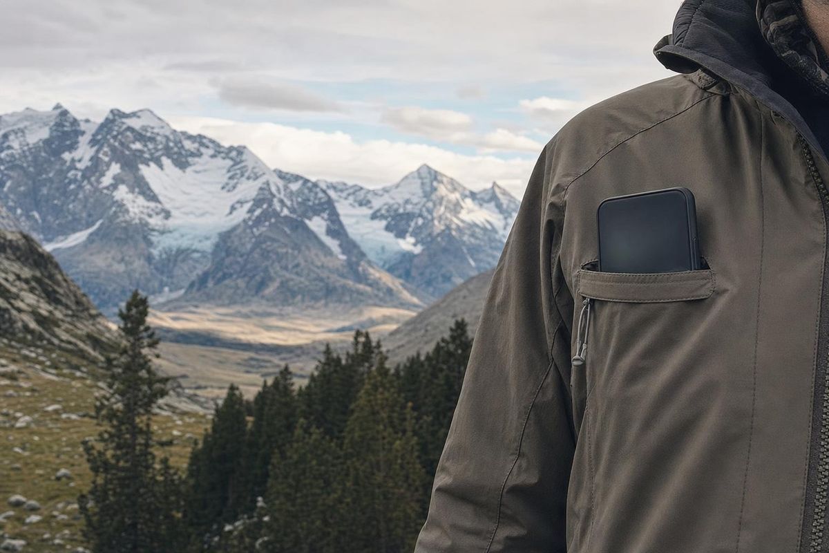 Handy in einer Jackentasche, im Hintergrund ein weites Bergpanorama ohne Ortschaften