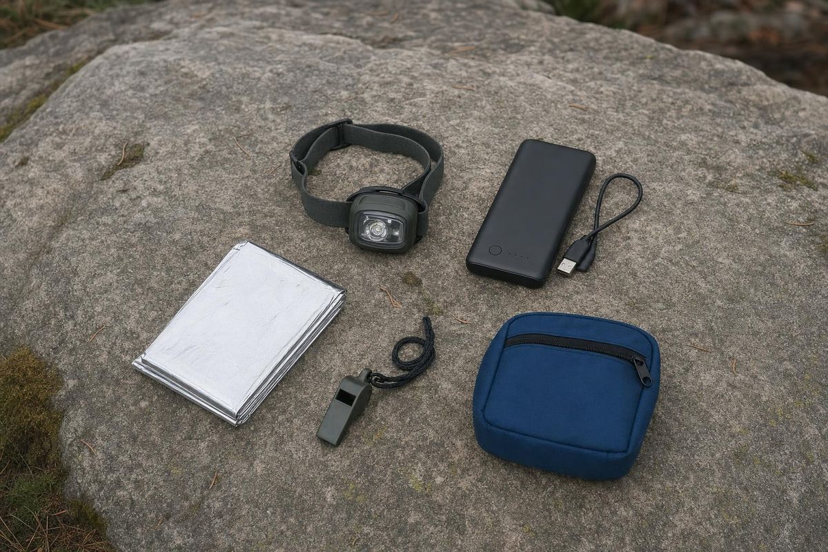 Ausrüstung für Alleingänge auf einem Fels ausgelegt: Stirnlampe, Powerbank, Rettungsdecke, Pfeife