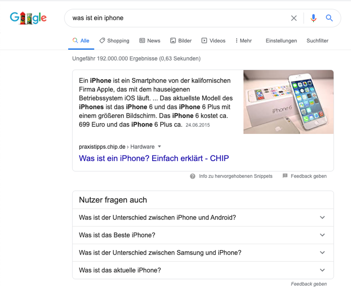 Featured Snippet liefert Informationen zur Frage