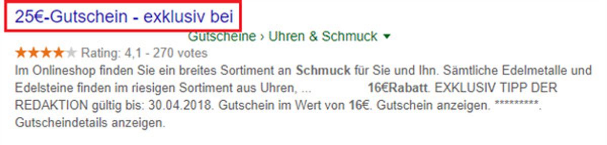 Ein Screenshot eines Snippets über Rabatte - die Prozente an erster Stelle
