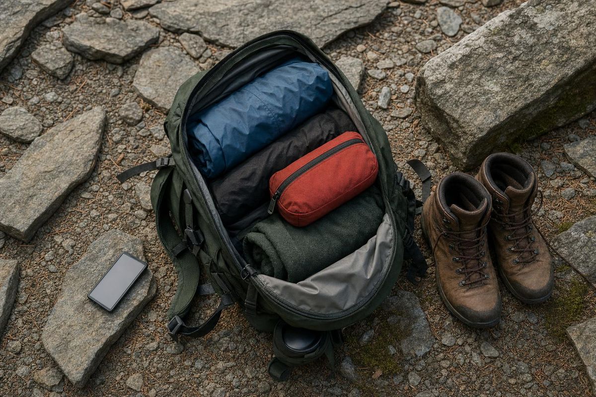Rucksack von oben, Regenjacke und Erste-Hilfe-Set griffbereit obenauf