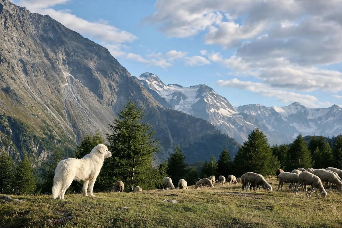 Schafherde auf einer Alm, ein großer weißer Herdenschutzhund steht aufmerksam am Rand