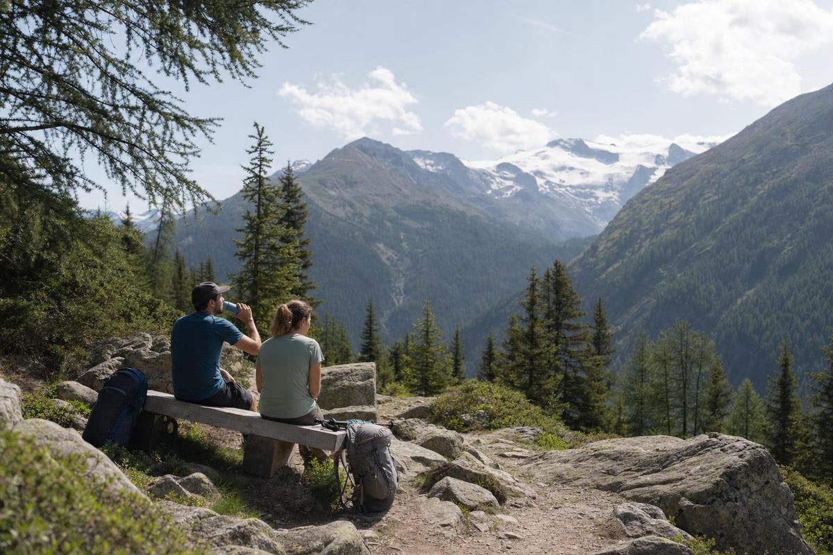 Zwei Wandernde machen Pause auf einer Bank an einem Bergweg, einer trinkt aus einer Flasche