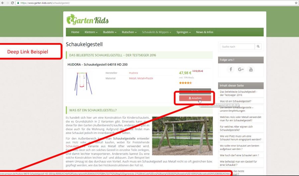 Ein weiteres Deeplink Beispiel zeigt die Verlinkung zu Amazon