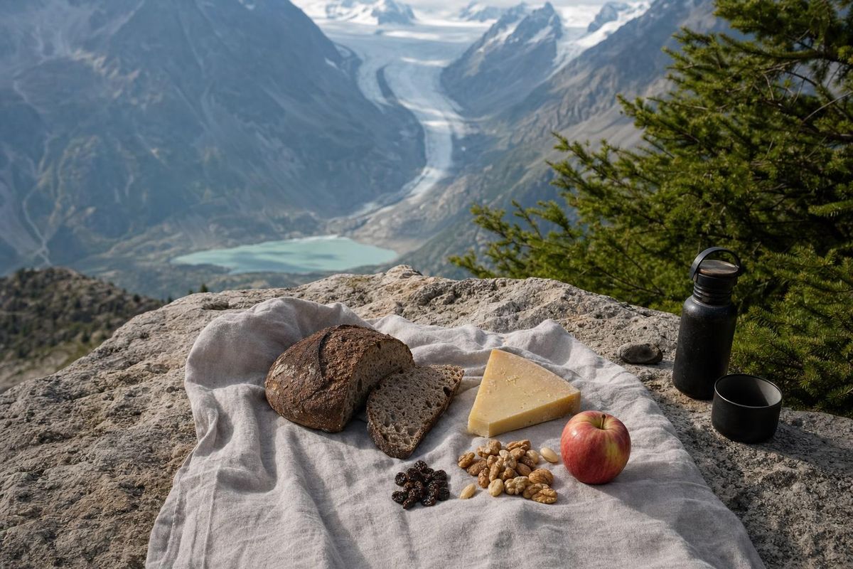 Brotzeit auf einem Fels: Brot, Käse, Nüsse und getrocknete Früchte auf einem Tuch