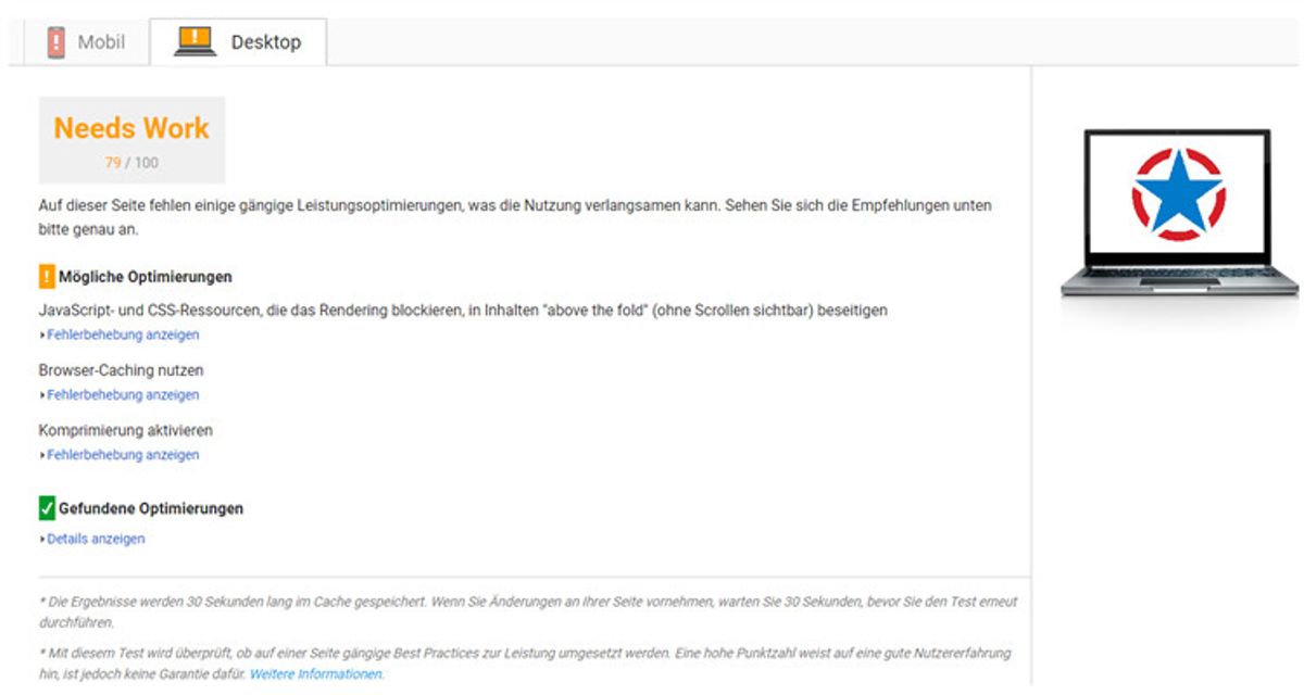 Die Ergebnisse der Analyse für eine Desktop Seite