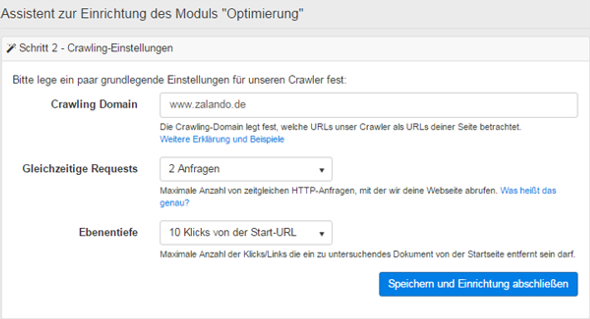 Legt die Crawler Einstellungen für das Optimierungsmodul fest